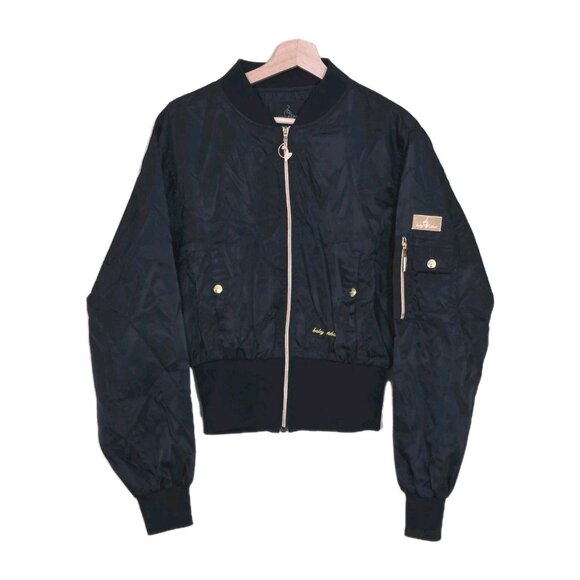 Vintage Baby Phat Bomber Jacket Womens L Black LS Gold Tone Details Baddie Y2K